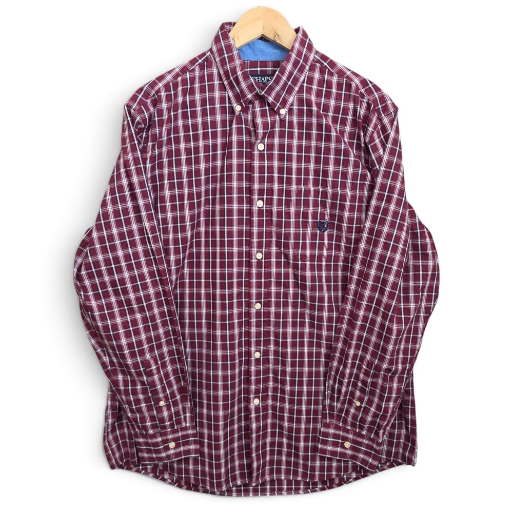 Chaps Shirt Mens Large Burgundy Plaid Button Down Easy Care Long Sleeve Casual